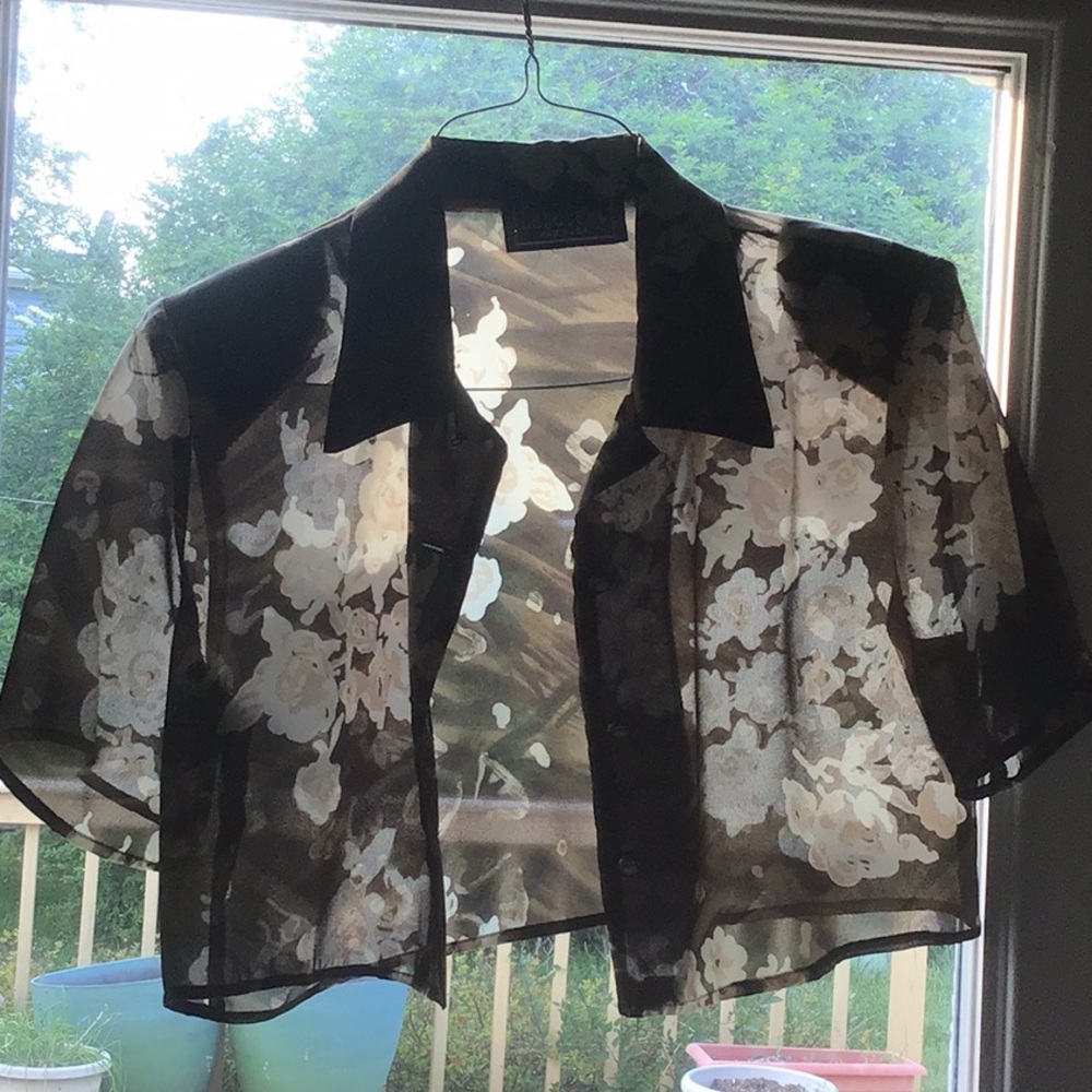 Sheer half jacket bolero 10.  Dark green/cream flowers